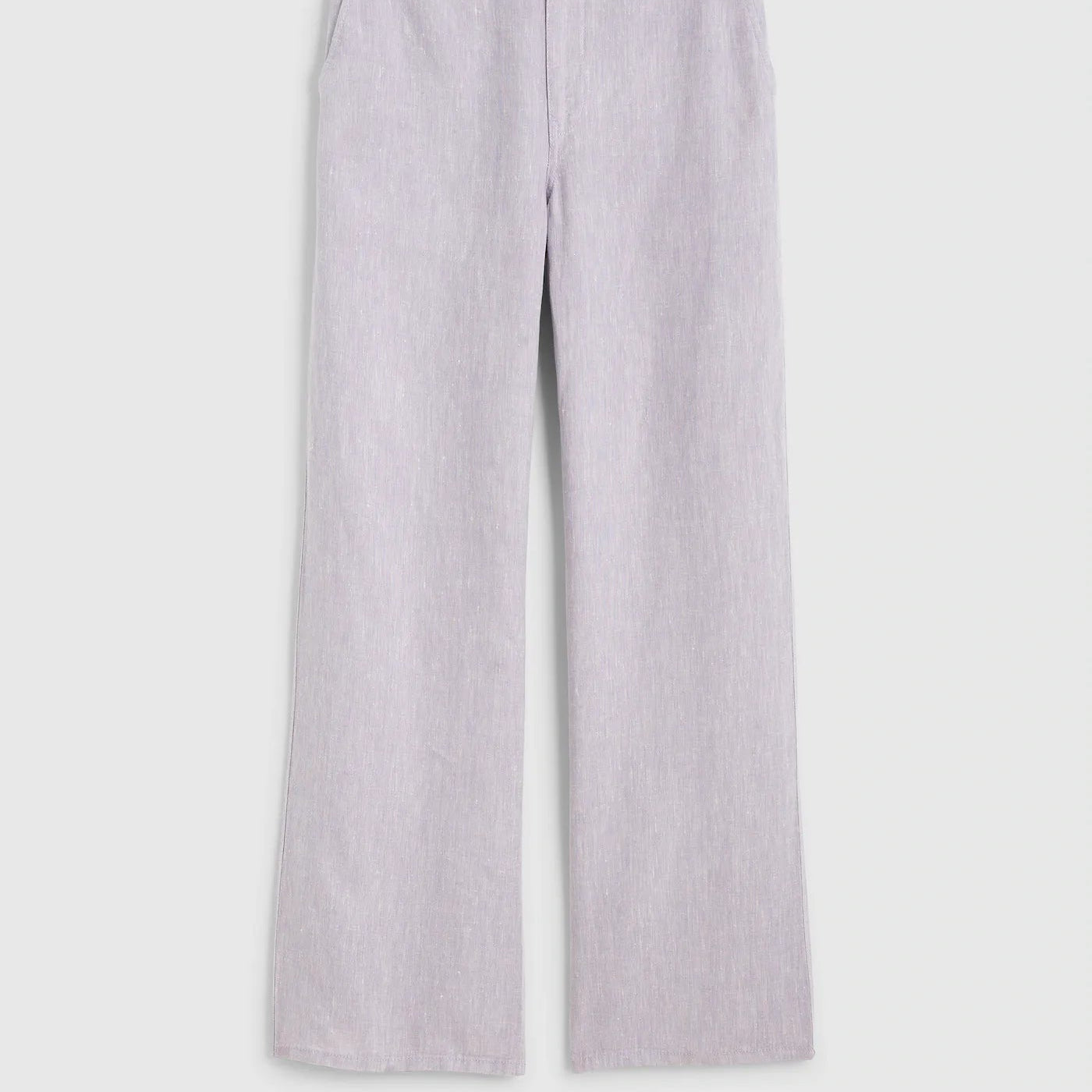 Light lavender wide-leg trousers with a subtle textured weave, shown flat against a light gray background.
