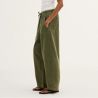 A model wearing olive green wide-leg corduroy pants, a white t-shirt, and brown sandals, shown in profile against a plain white studio background.