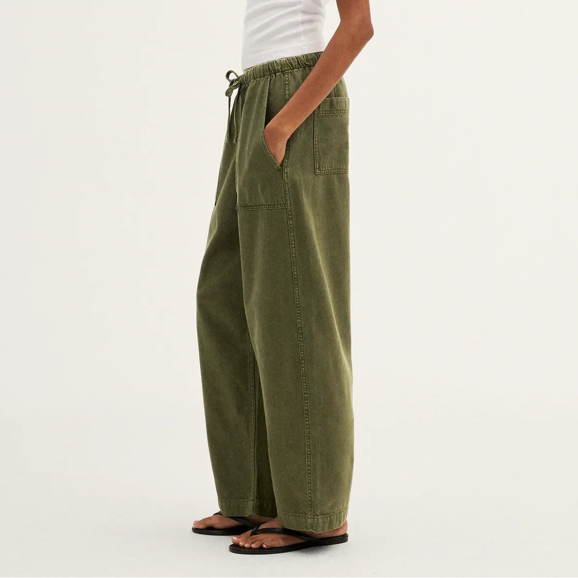 A model wearing olive green wide-leg corduroy pants, a white t-shirt, and brown sandals, shown in profile against a plain white studio background.