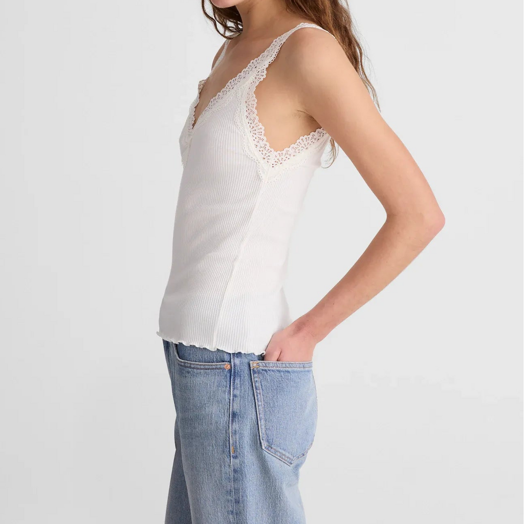 A woman wearing a white camisole top with delicate lace trim along the scoop neckline and shoulder straps, paired with light-wash blue jeans, photographed against a plain light gray studio background.